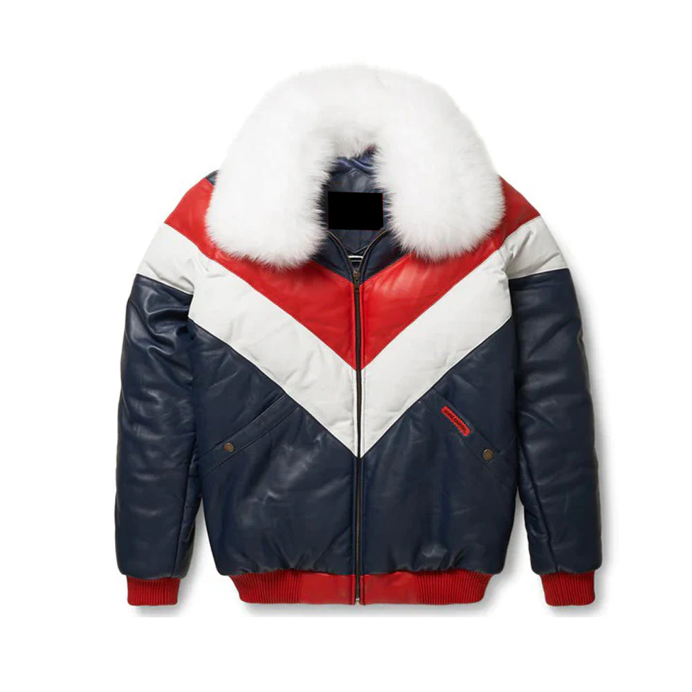 Men's Leather V-Bomber Jacket Red-Blue