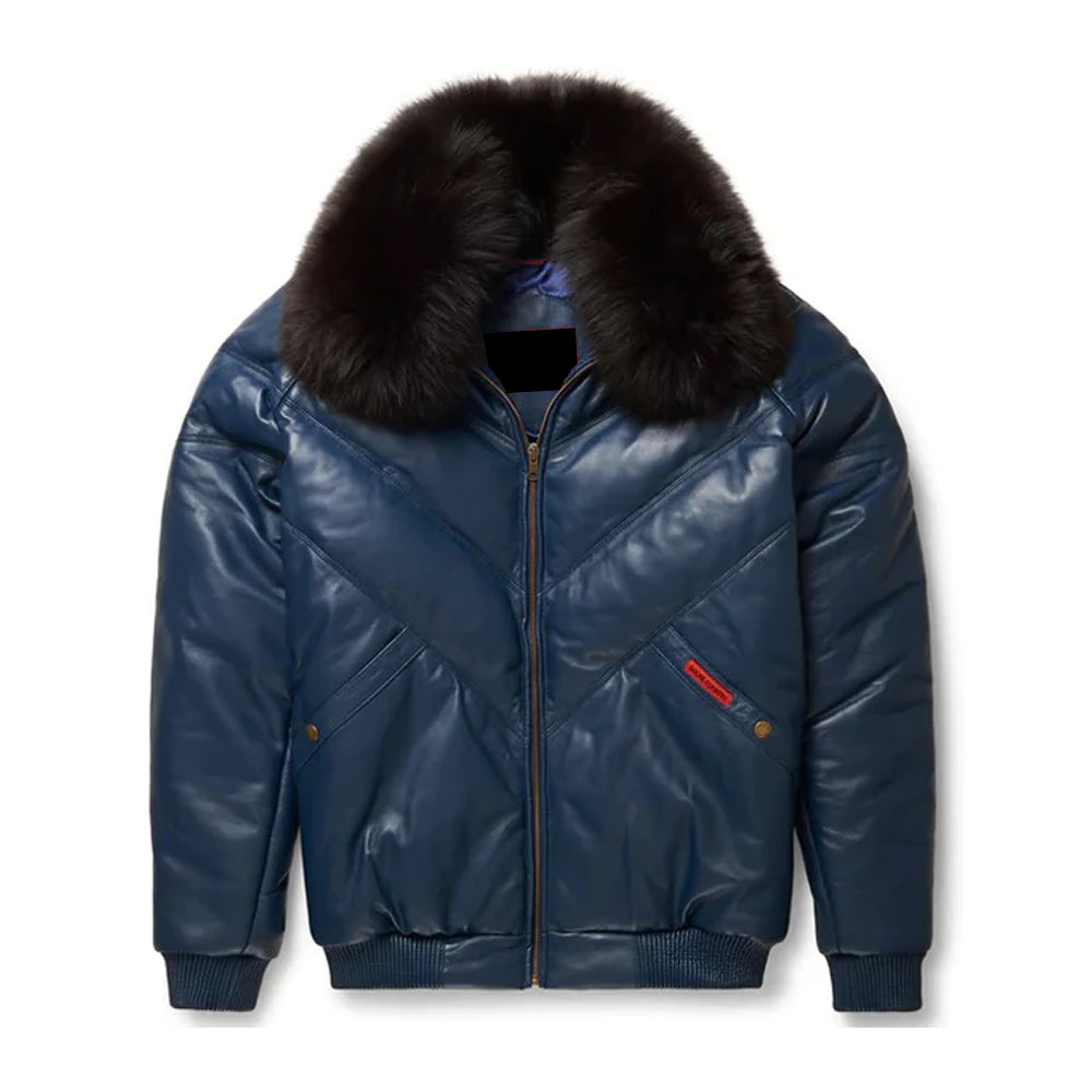 Men's Navy Leather V-Bomber Jacket