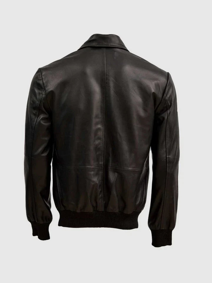 Men’s classic Black Leather Bomber Jacket backside