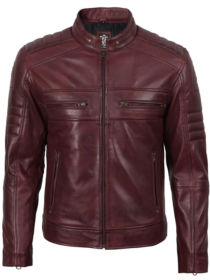 Mens Burgundy Cafe Racer Style Leather Jacket