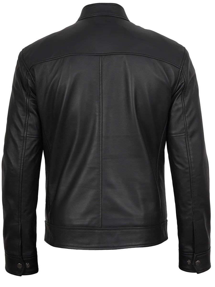 Mens Black Cafe Racer Style Real Leather Jacket