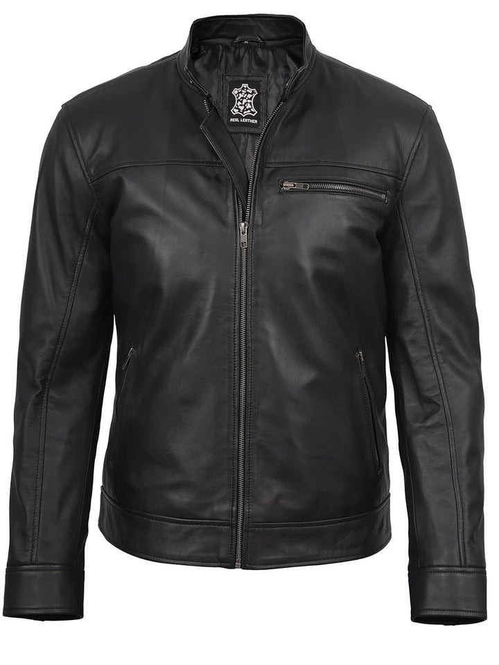 Mens Black Cafe Racer Style Real Leather Jacket