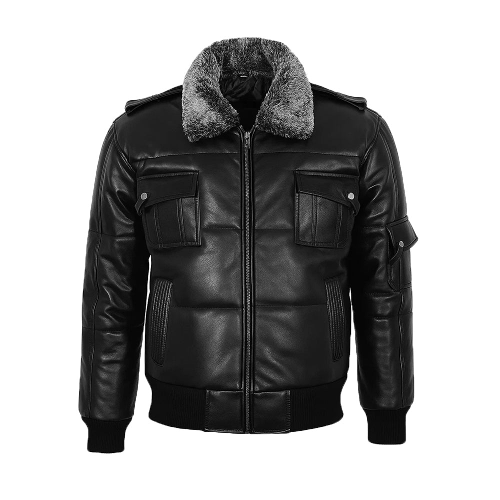 Padded Bomber Leather Puffer Jacket