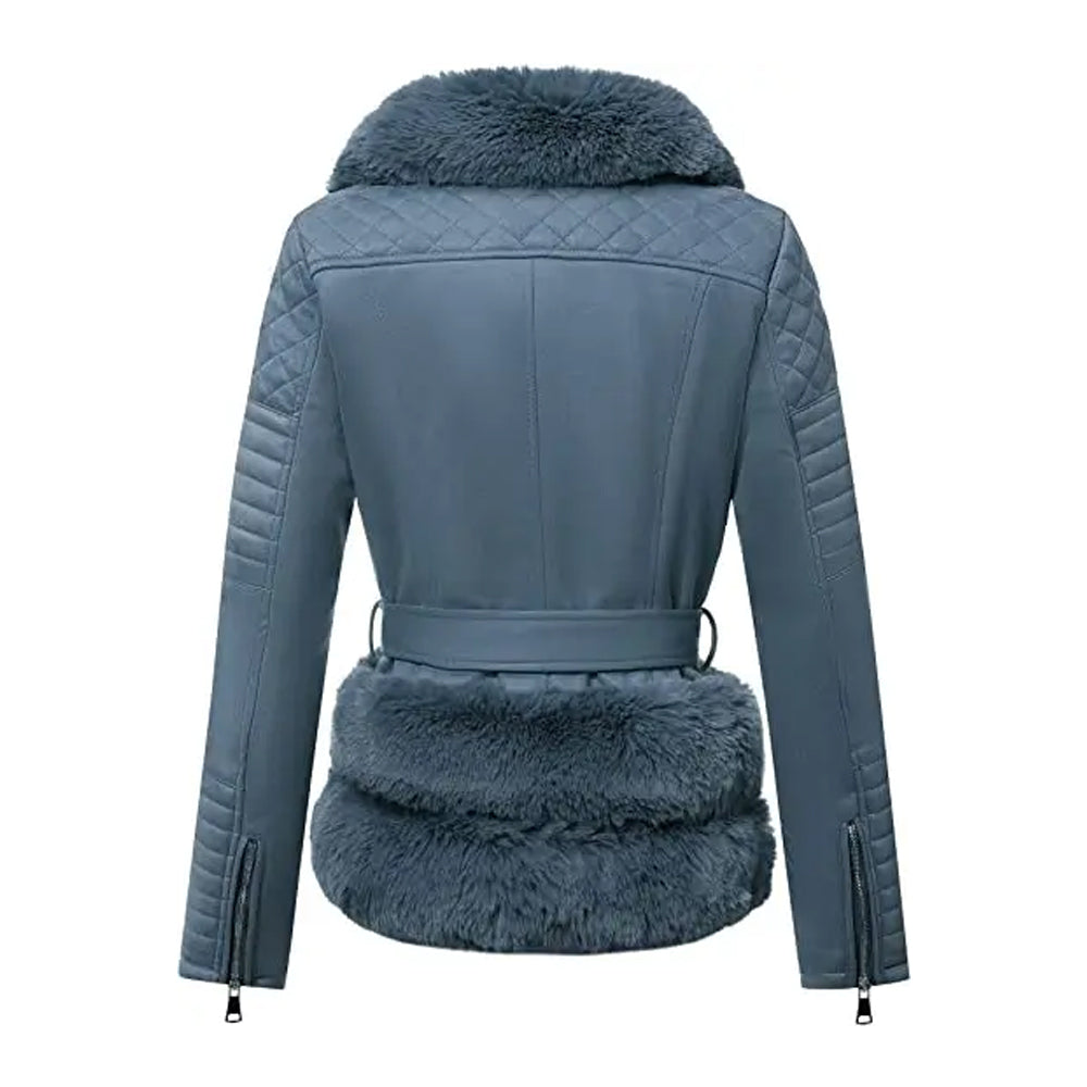 Women Blue Quilted Fur Leather Jacket