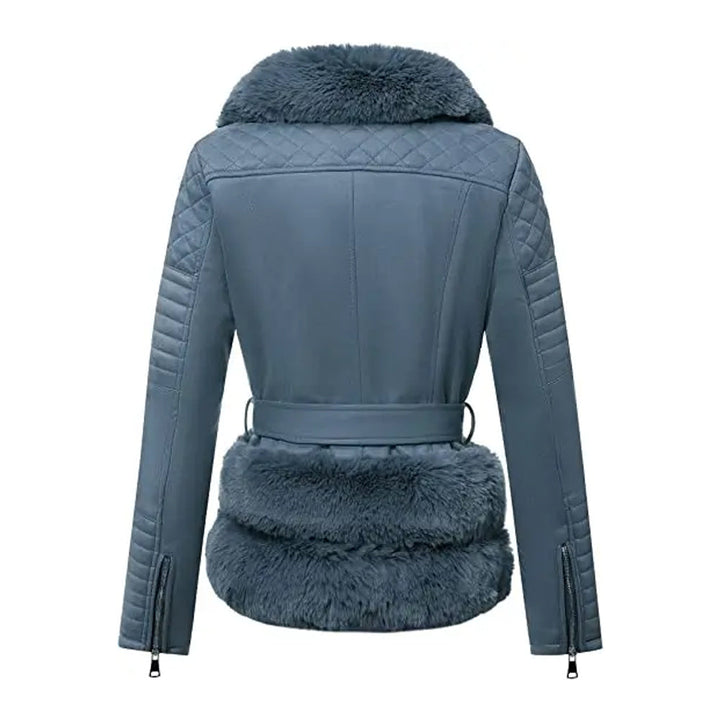 Women Blue Quilted Fur Leather Jacket