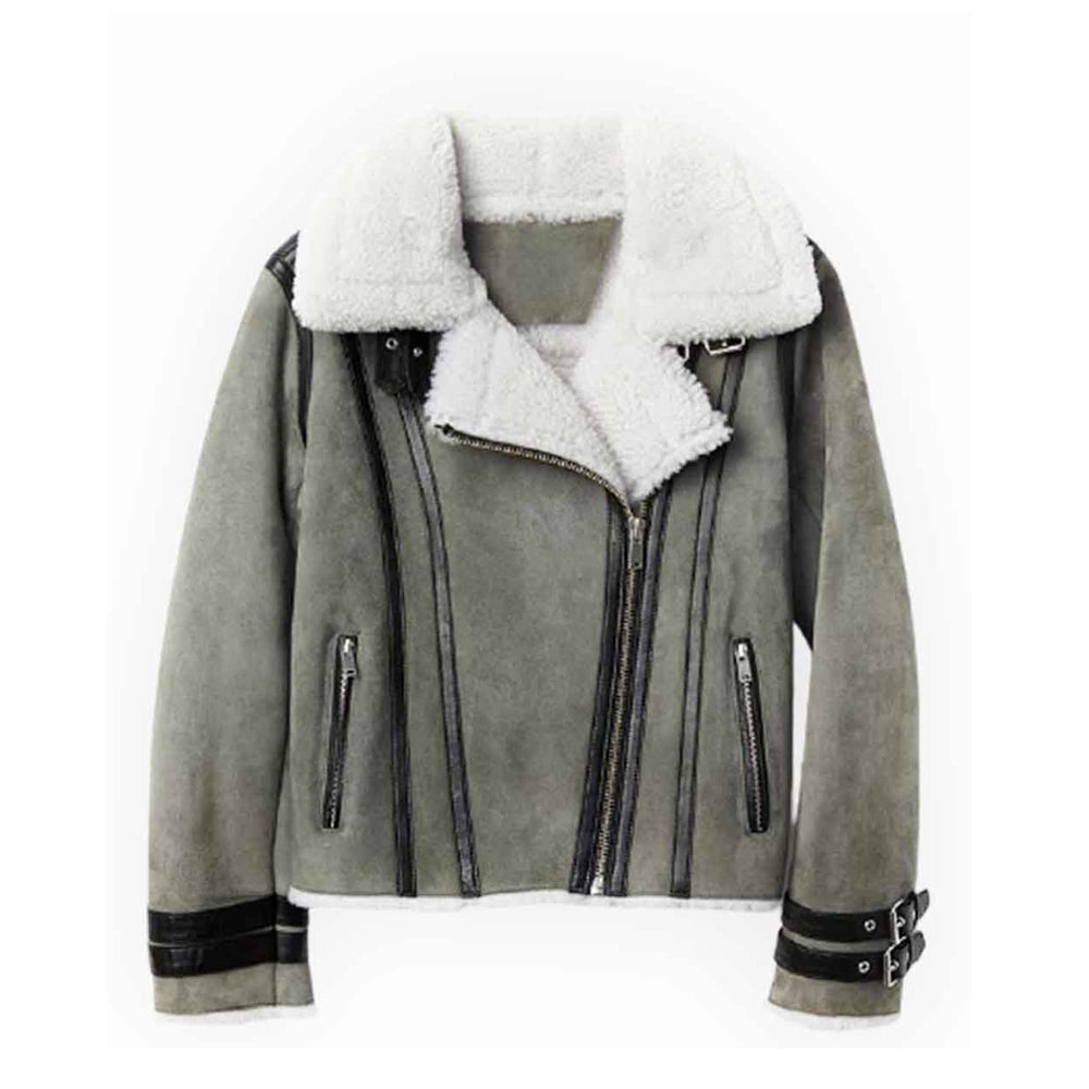 Women Asymmetrical Shearling Grey Leather Jacket