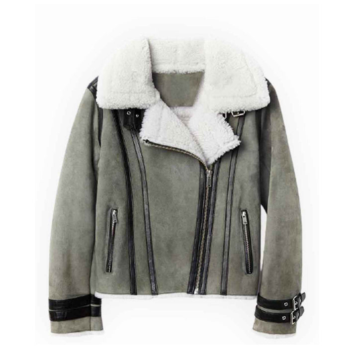 Women Asymmetrical Shearling Grey Leather Jacket