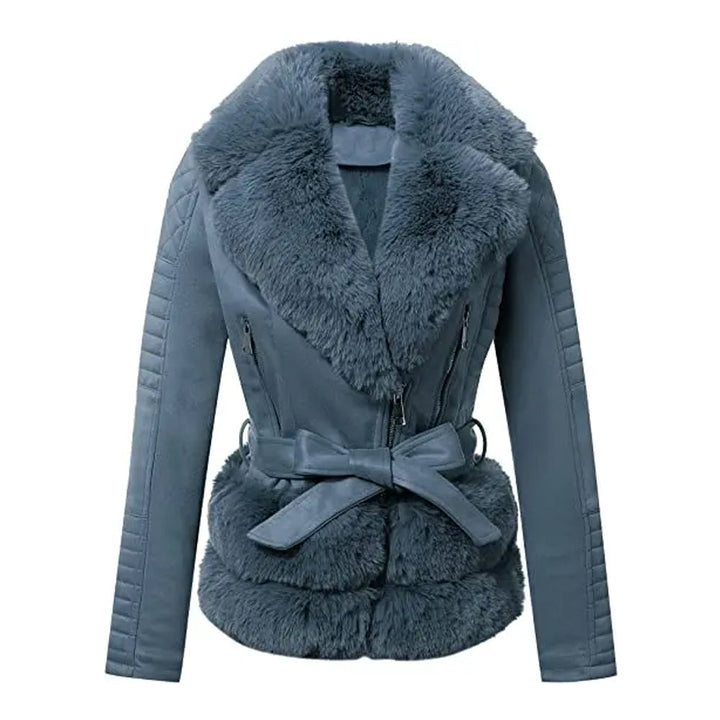 Women Blue Quilted Fur Leather Jacket