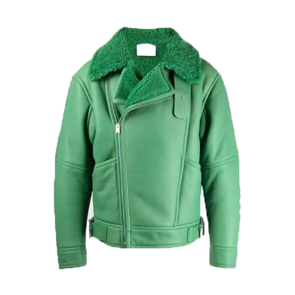 Women Green Aviator Shearling Leather Jacket
