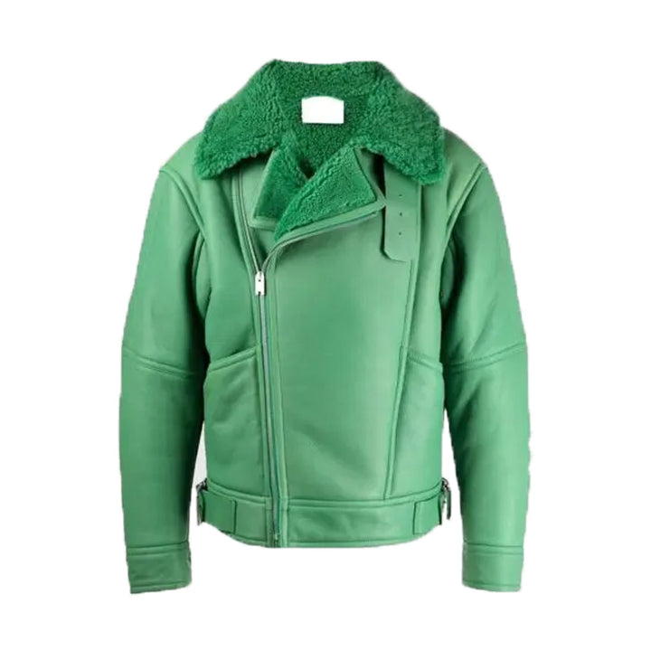 Women Green Aviator Shearling Leather Jacket