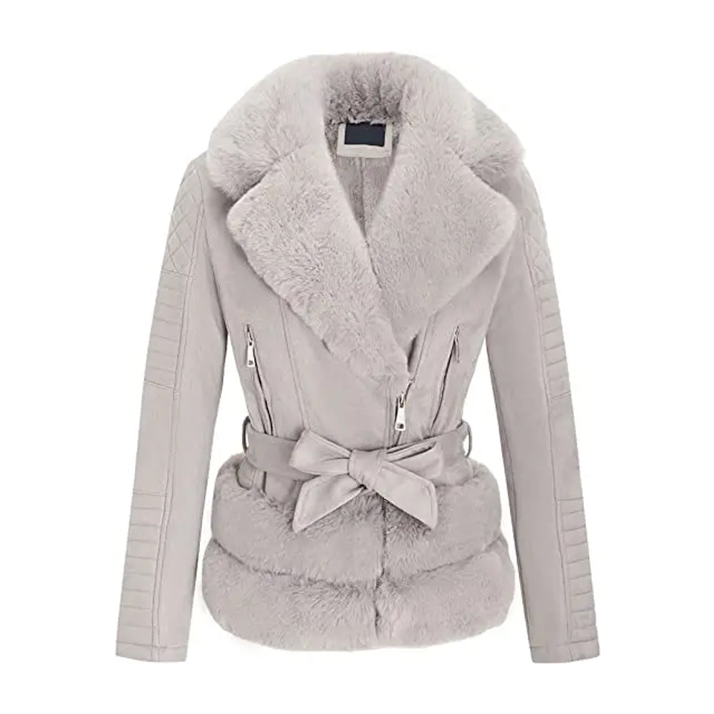 Women’s Gray Quilted Fur Leather Jacket
