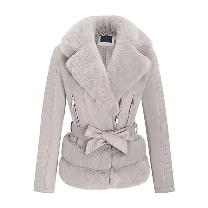Women’s Gray Quilted Fur Leather Jacket