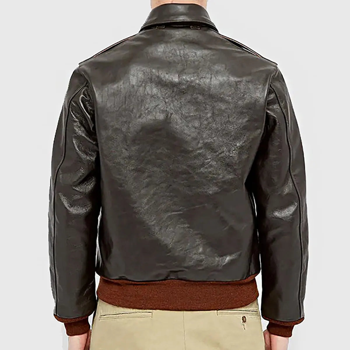 Back view of Lush Gear black leather A-2 bomber jacket for men with brown ribbed cuffs and waistband