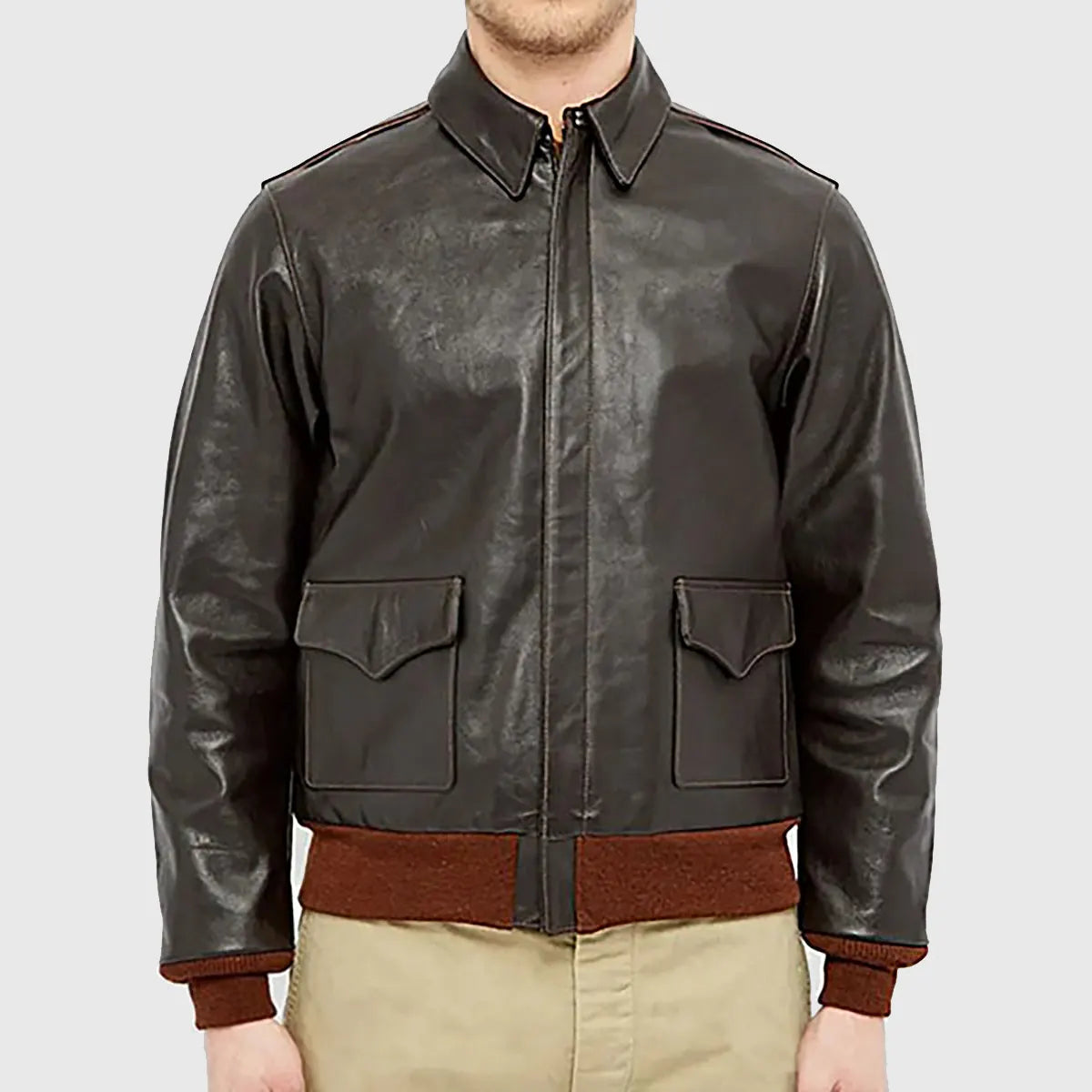 Lush Gear A-2 bomber jacket for men in dark brown leather with front pockets and ribbed cuffs