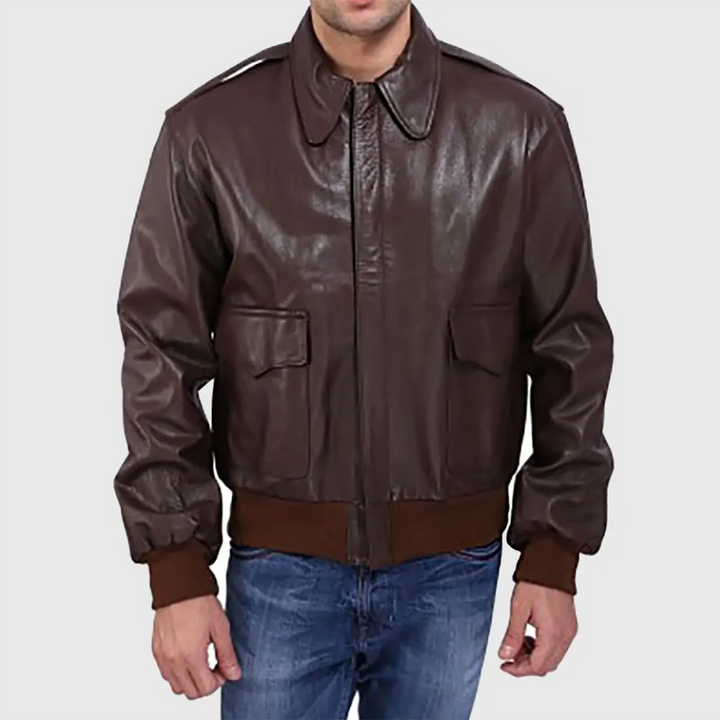 Lush Gear brown leather A-2 bomber jacket for men with front pockets and ribbed cuffs