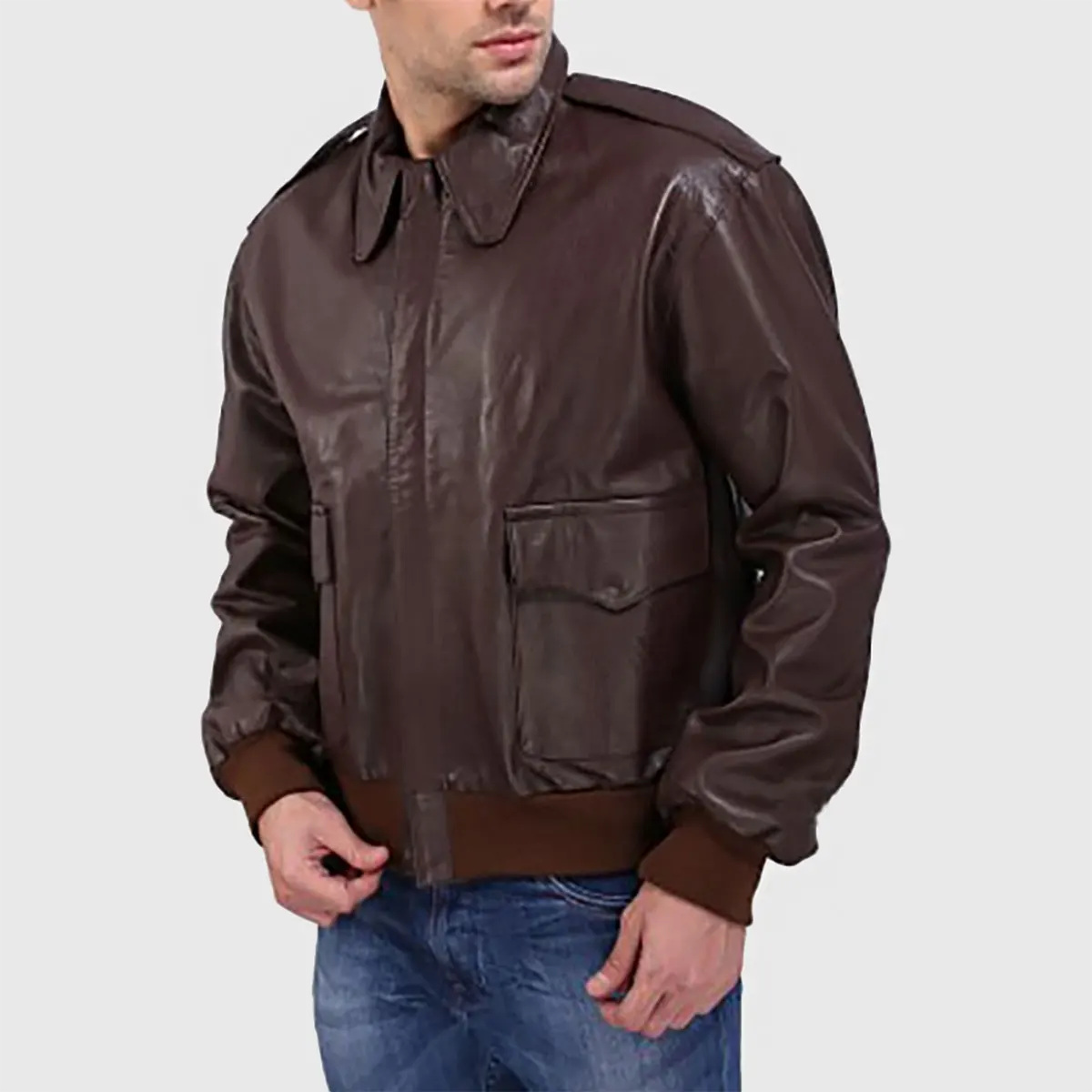 Lush Gear brown leather A-2 bomber jacket for men styled with ribbed cuffs and collar