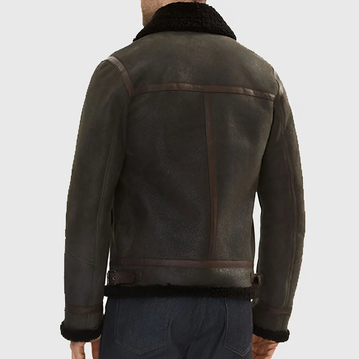 Back view of Alberto B-6 leather flight jacket with dark brown shearling collar by Lush Wear