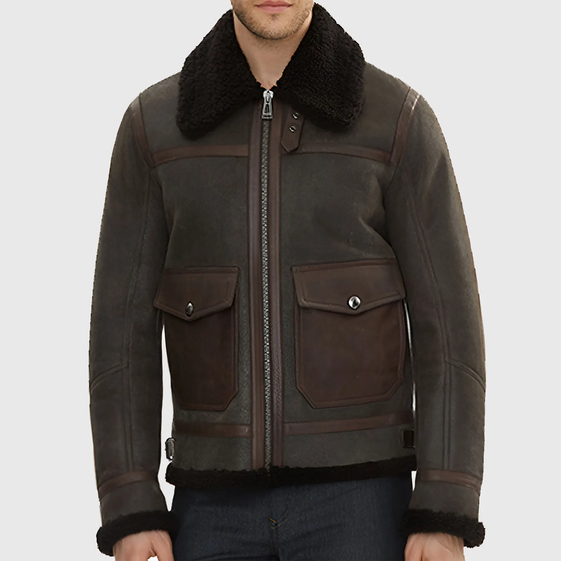 Alberto B-6 leather flight jacket by Lush gear with shearling collar and front pockets