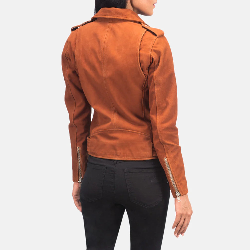Back view of Alison Brown Suede Biker Jacket in brown worn by a woman with black pants
