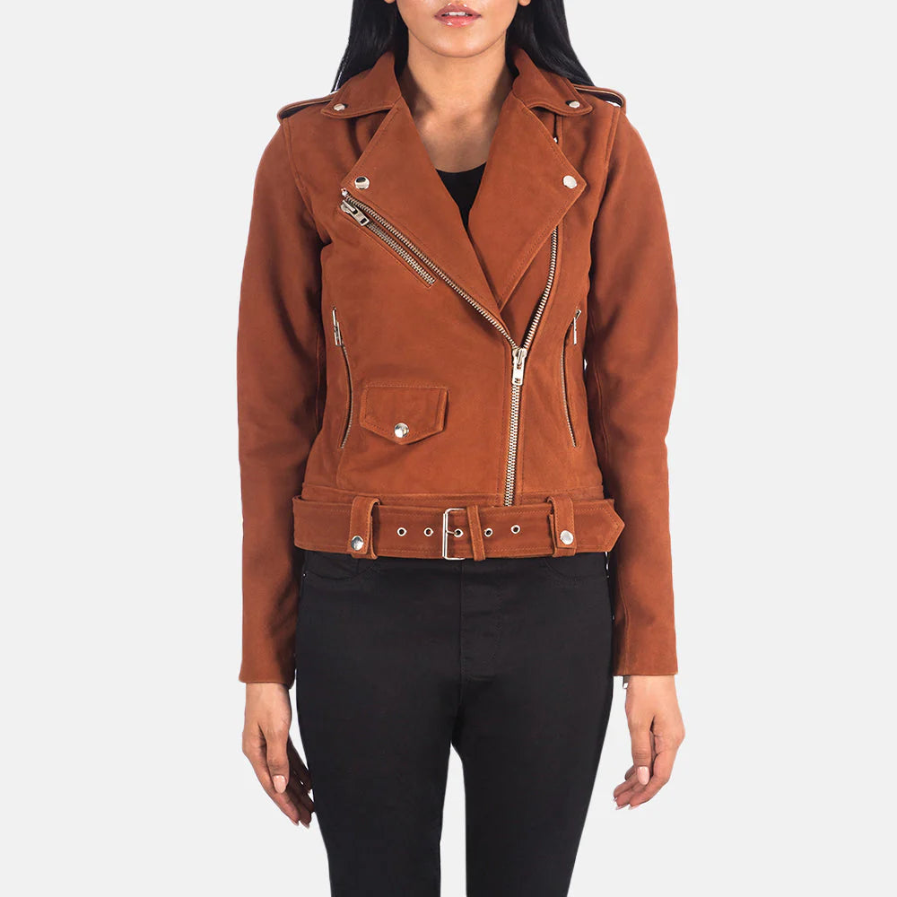 Alison Brown Suede Biker Jacket in brown with asymmetrical zipper and belted waist from Lush Wear