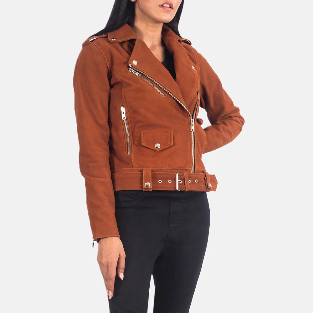 Alison Brown Suede Biker Jacket in brown with zipper details and belt by Lush Gear