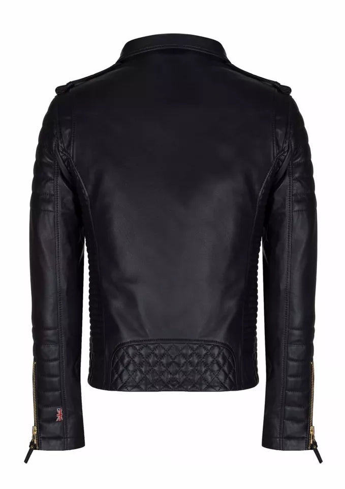 Back view of Alpha Black Leather Motorcycle Jacket with Armor for Men by Lush Gear