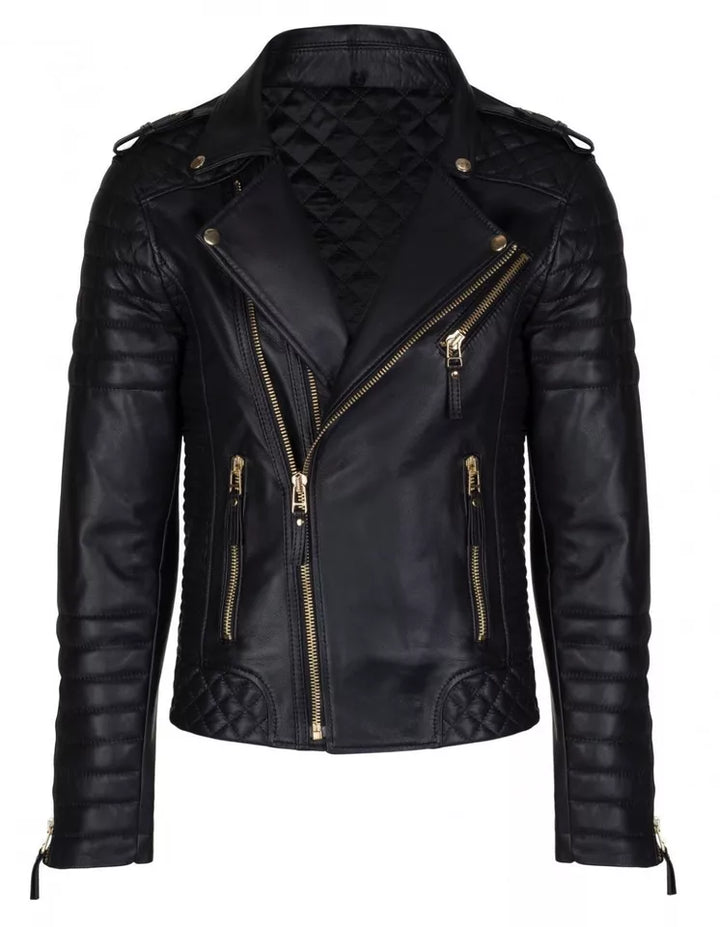 Alpha Black Leather Motorcycle Jacket with Armor for Men by Lush Gear featuring quilted detailing and multiple zippered pockets