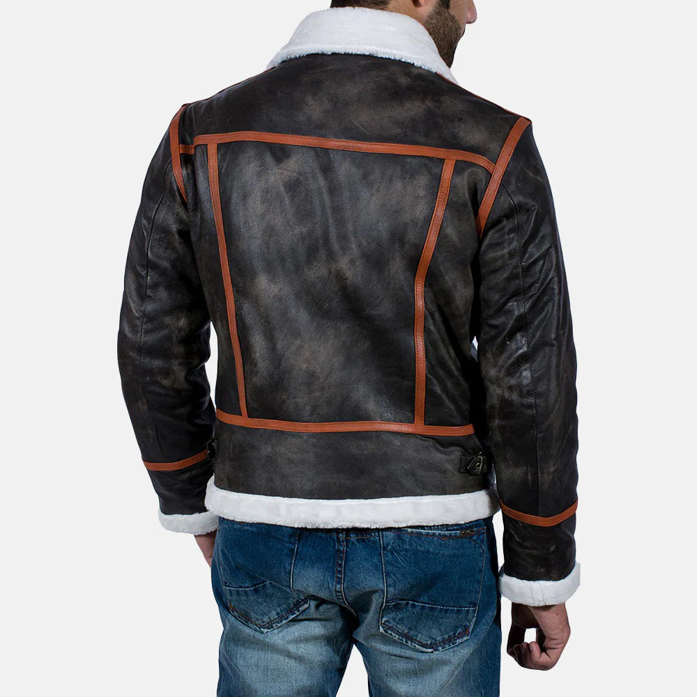 Back view of a man wearing Alpine Brown Fur Leather Jacket by Lush Gear with white fur collar and cuffs
