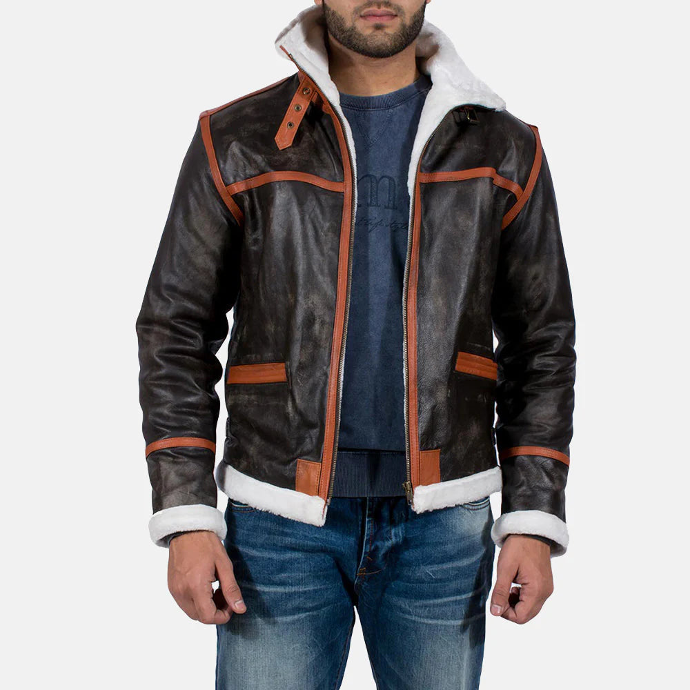 Lush Gear Alpine Brown Fur Leather Jacket with white fur lining and brown trim on model