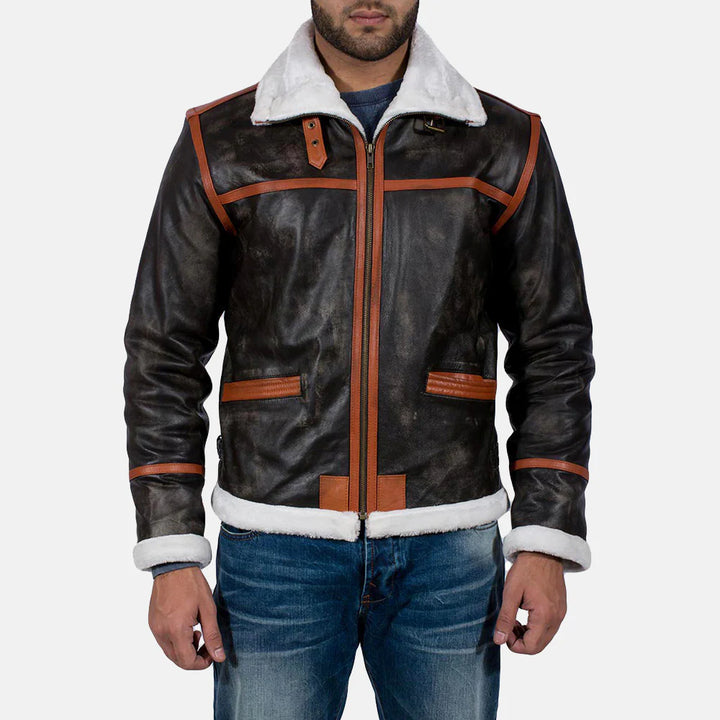 Alpine Brown Fur Leather Jacket by Lush Gear featuring white fur collar and brown leather trim