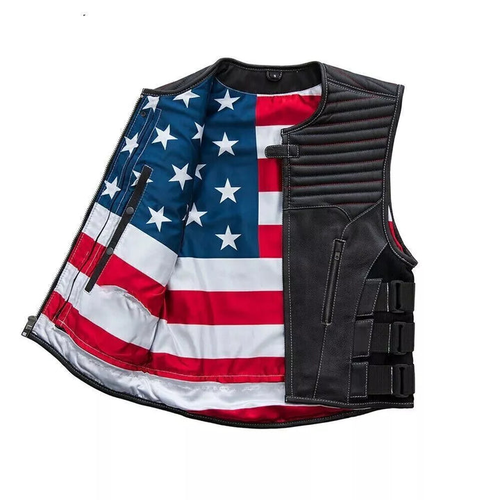 Anthem Men's Swat Style Leather Motorcycle Vest - Limited Edition with American flag interior lining