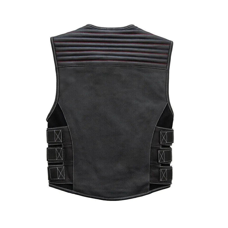 Back view of Anthem Men's Swat Style Leather Motorcycle Vest - Limited Edition in black with adjustable straps