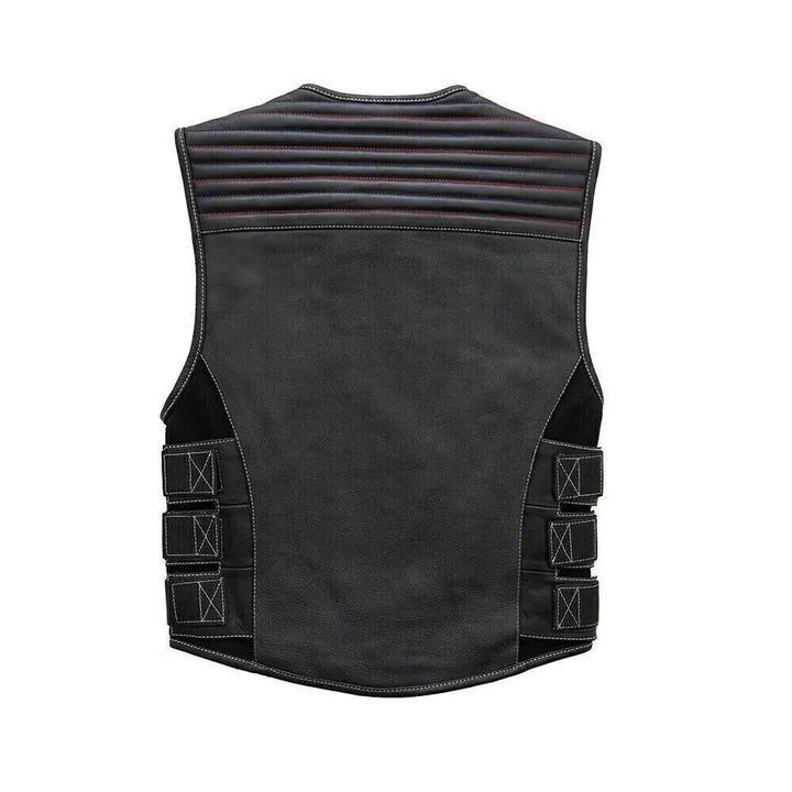 Back view of Anthem Men's Swat Style Leather Motorcycle Vest - Limited Edition in black with adjustable straps