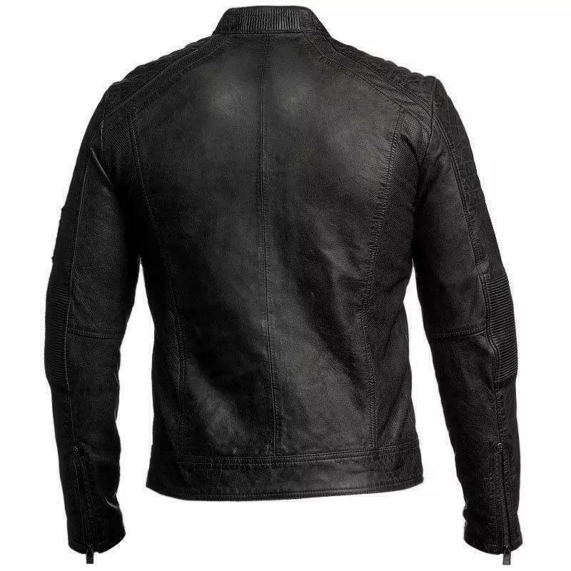 Back view of authentic cafe racer leather jacket for men by Lush Gear in black with detailed stitching