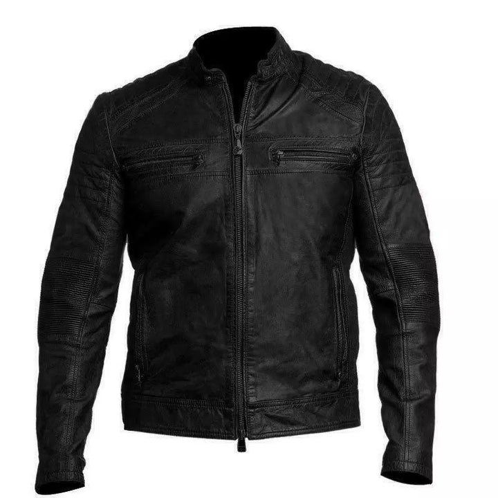 Lush Gear authentic cafe racer leather jacket for men in black with zippered pockets and padded sleeves