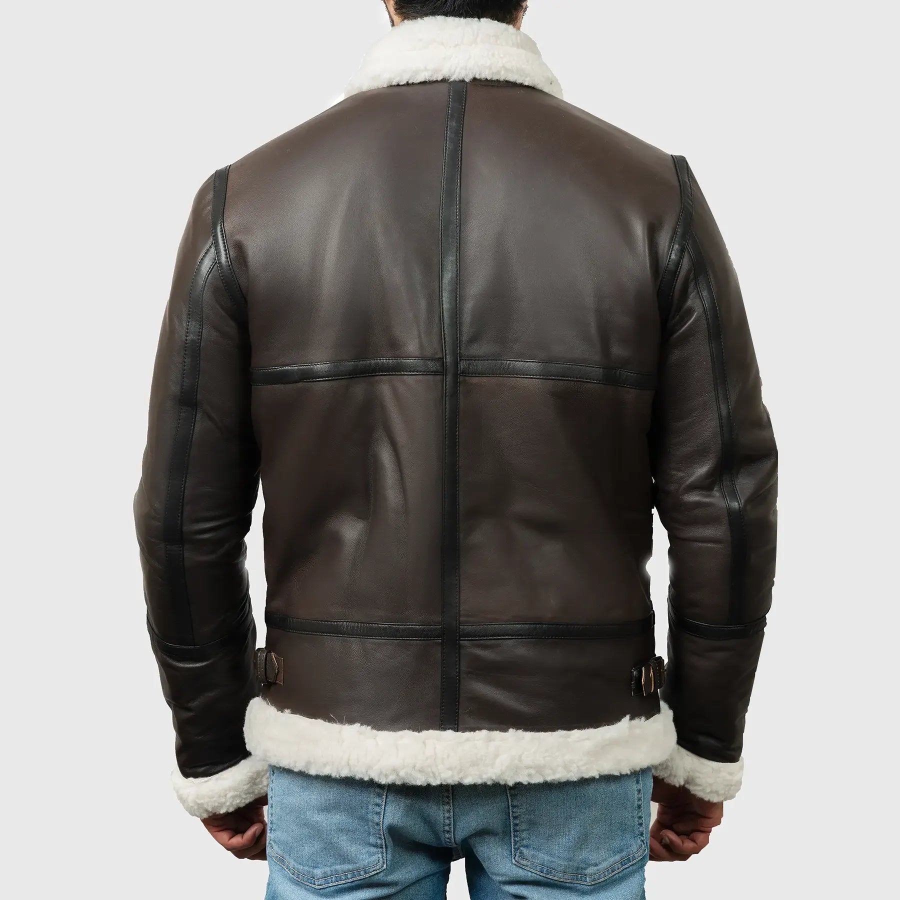 Back view of authentic men's B-3 flight jacket in brown leather with white shearling collar and cuffs