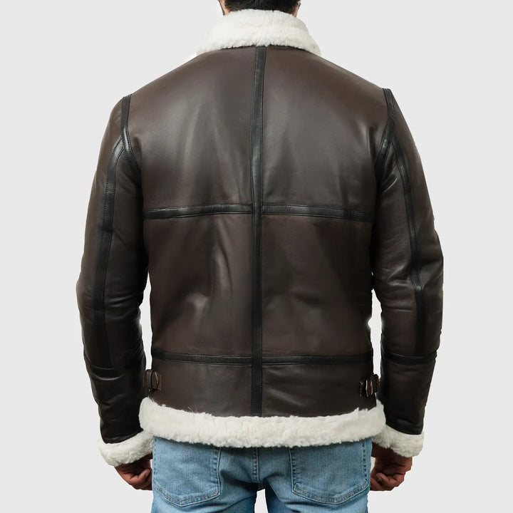 Back view of authentic men's B-3 flight jacket in brown leather with white shearling collar and cuffs