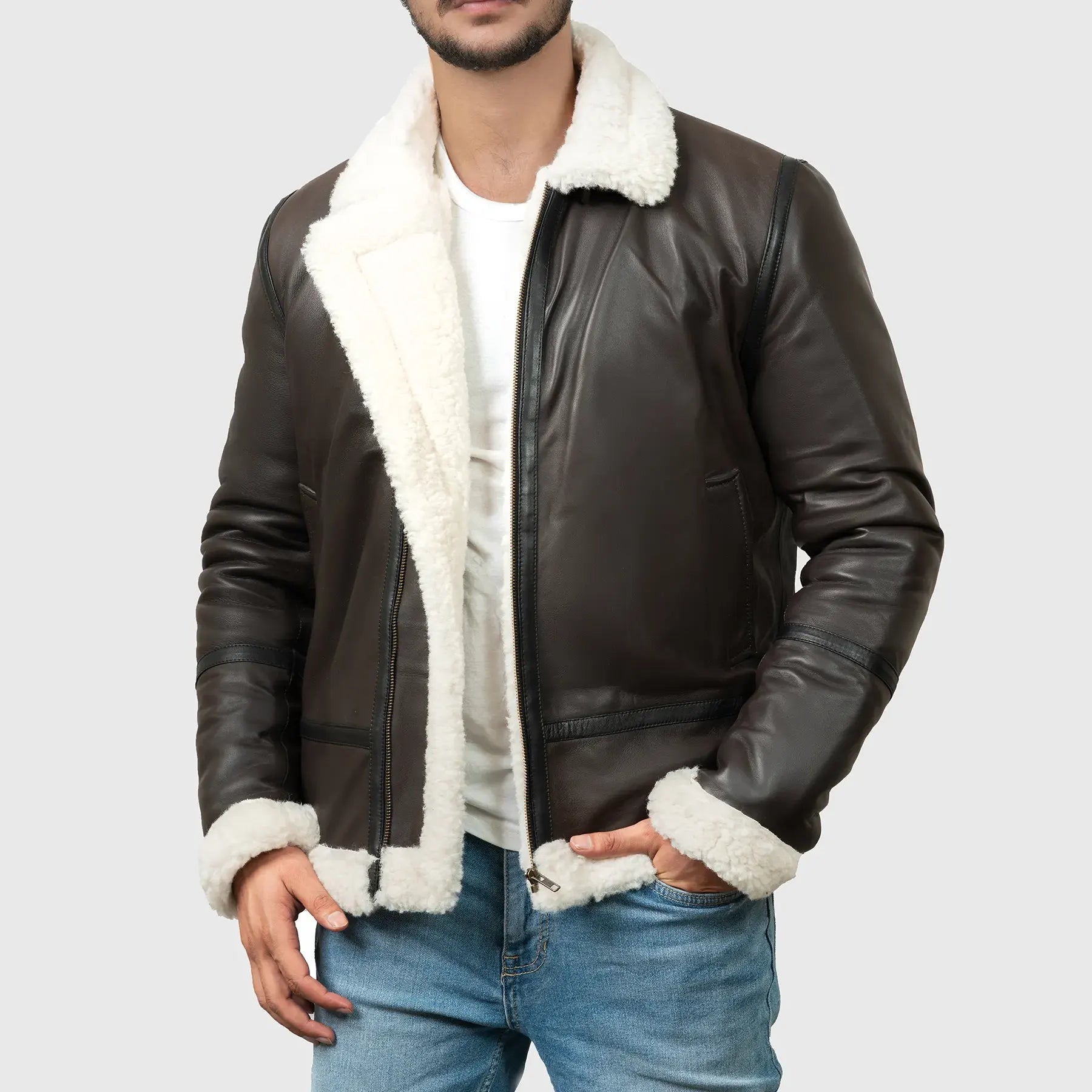 Lush Gear authentic men's B-3 flight jacket in dark brown leather with white shearling lining