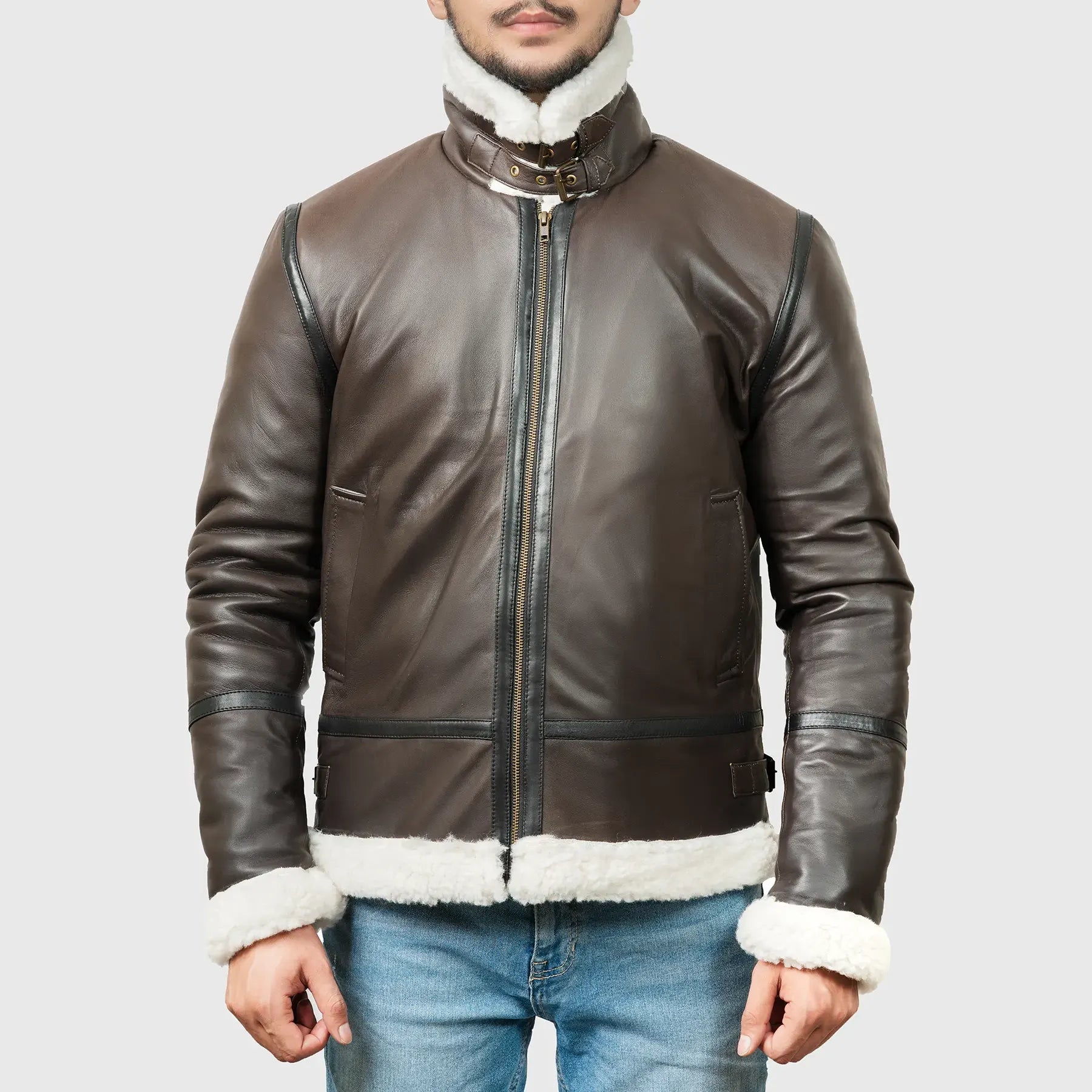 Authentic men's B-3 flight jacket in brown leather with shearling collar and cuffs by Lush Gear