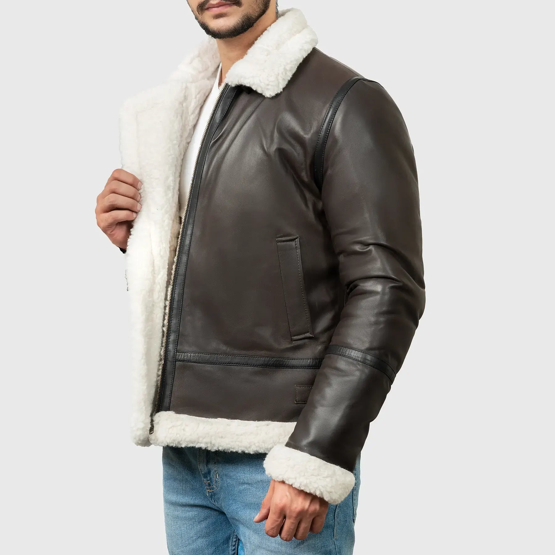 Lush Gear authentic men's B-3 flight jacket in brown leather with white shearling lining and collar