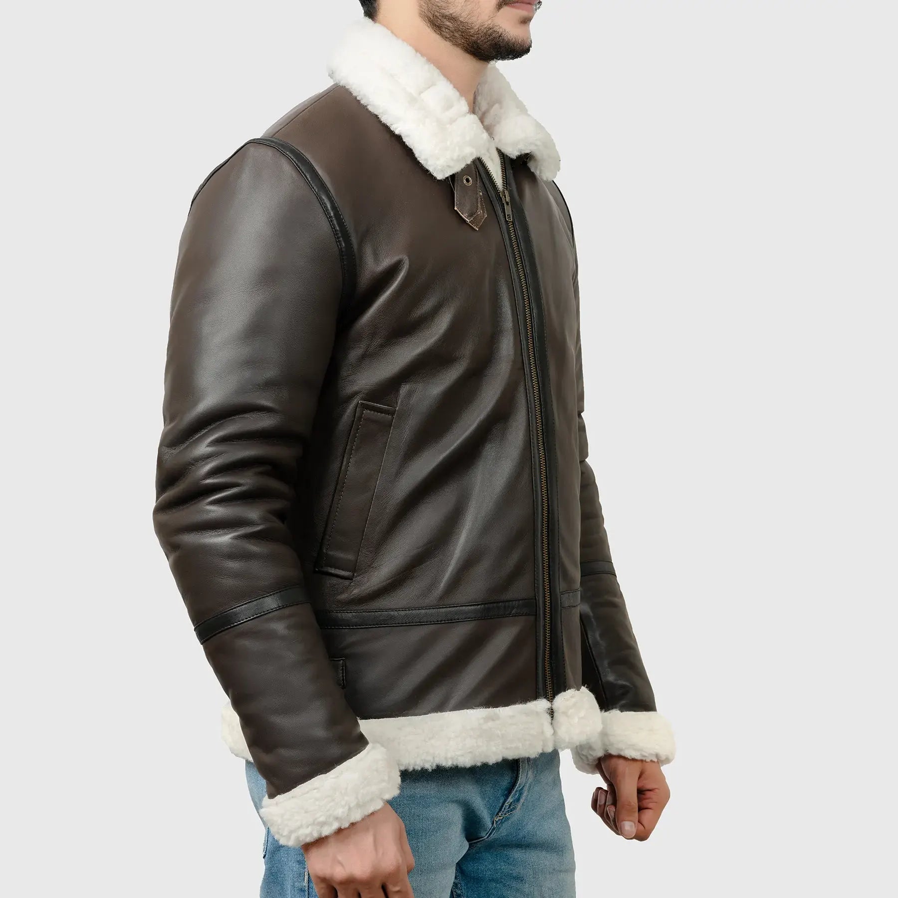 Authentic men's B-3 flight jacket in dark brown leather with white shearling collar and cuffs