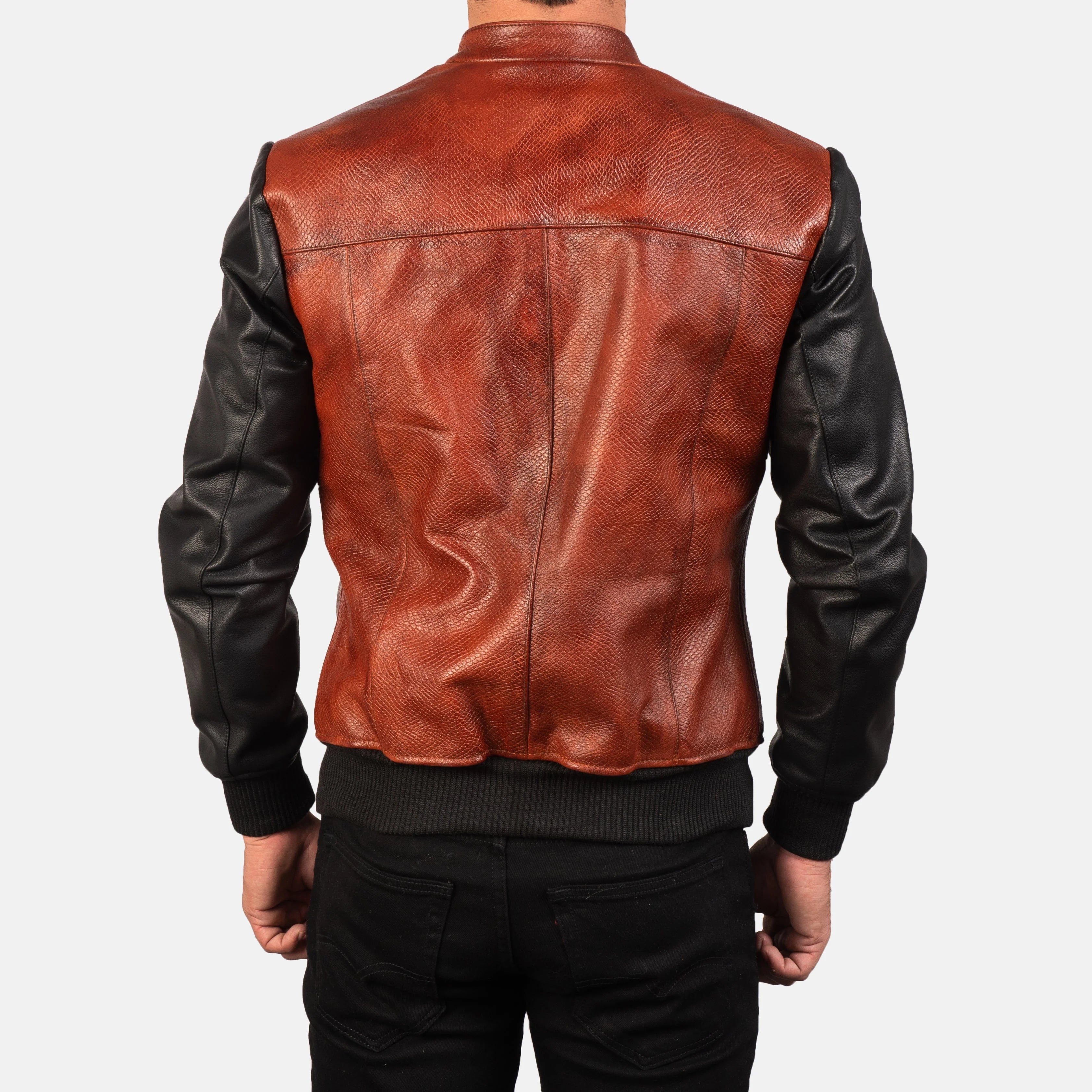 Back view of Avan leather motorcycle jacket with brown textured body and black sleeves by Lush Gear