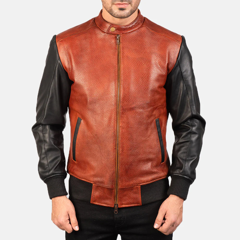 Avan leather motorcycle jacket by Lush Gear with brown textured front and black leather sleeves