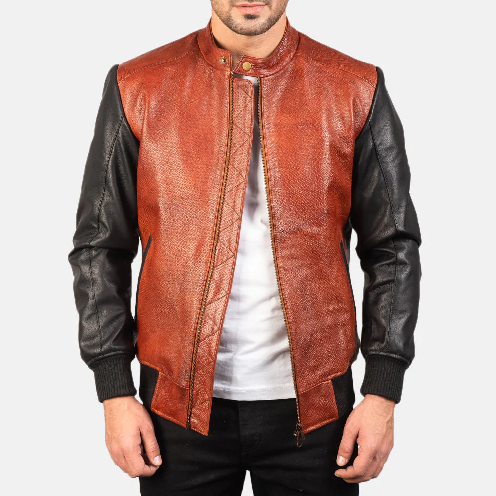Avan leather motorcycle jacket by Lush Gear in brown with black sleeves and front zipper