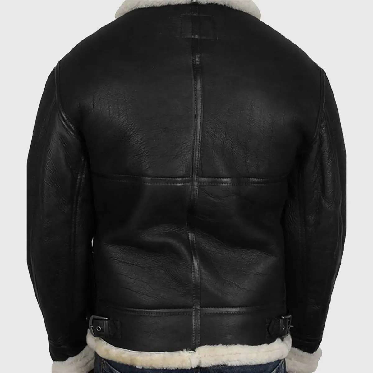 Back view of black B-3 shearling aviator jacket for men by Lush Gear with white shearling collar and cuffs