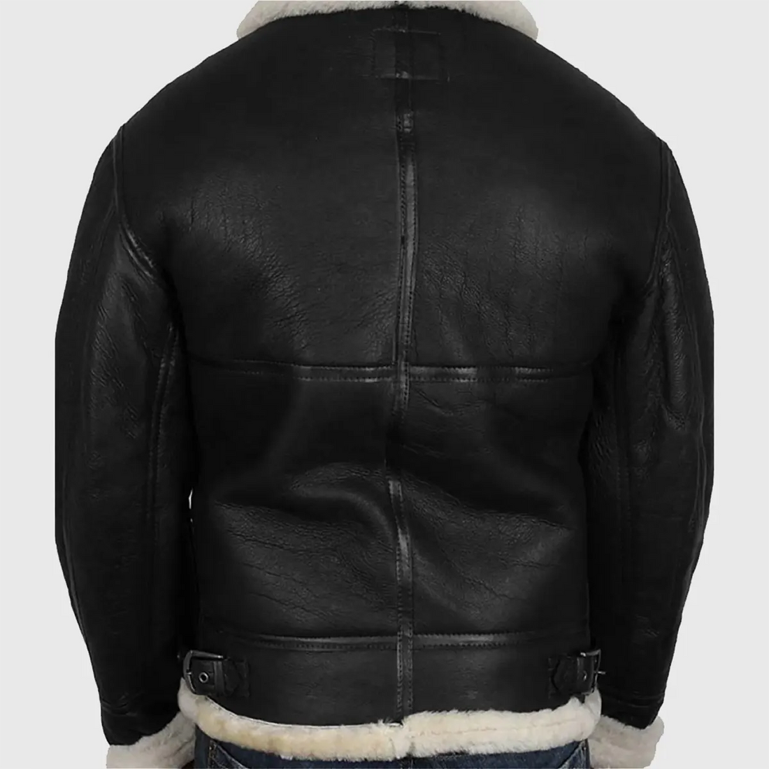 Back view of black B-3 shearling aviator jacket for men by Lush Gear with white shearling collar and cuffs