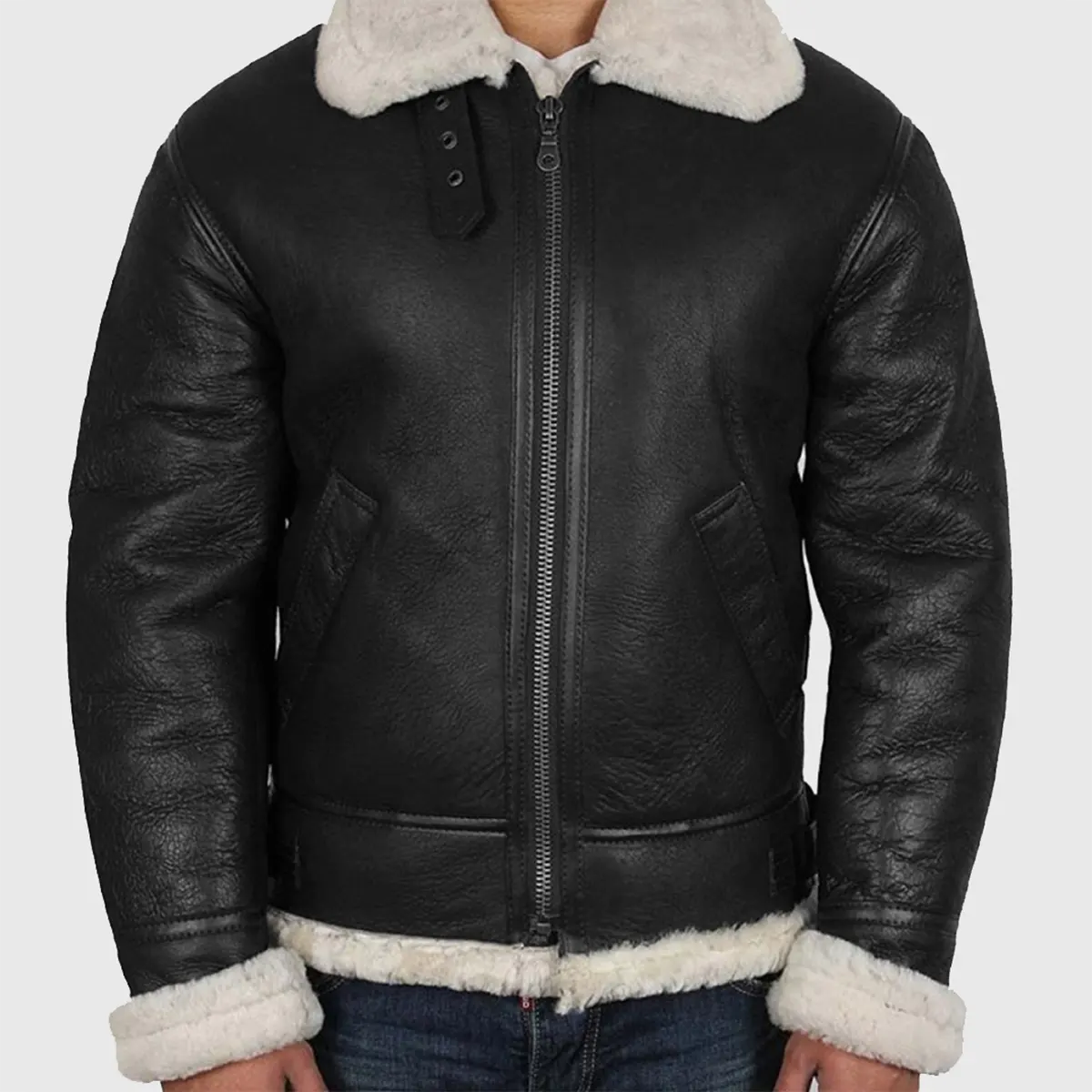 Lush Gear black B-3 shearling aviator jacket for men with white fur collar and cuffs