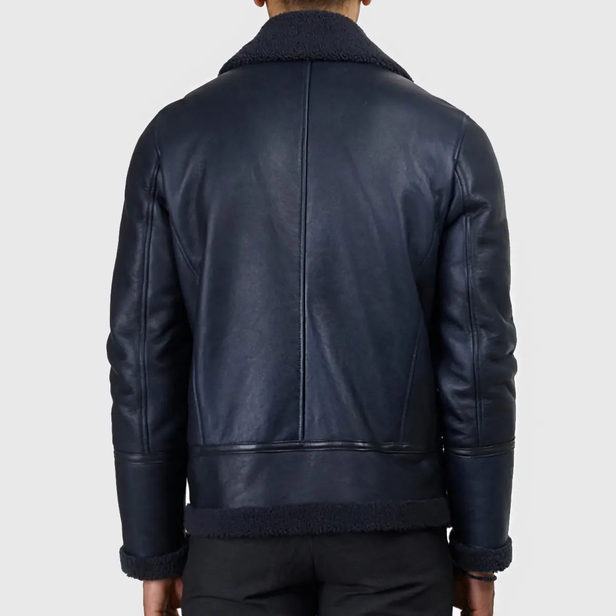 Back view of black B-3 bomber jacket for men by Lush Gear with shearling collar and cuffs