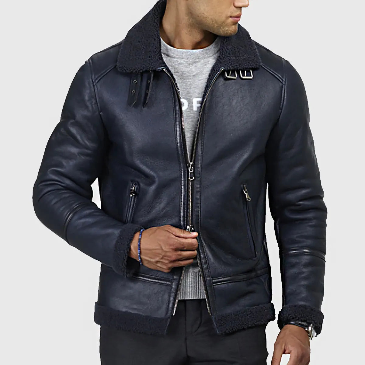 Lush Gear black B-3 bomber jacket for men with shearling collar and zippered pockets