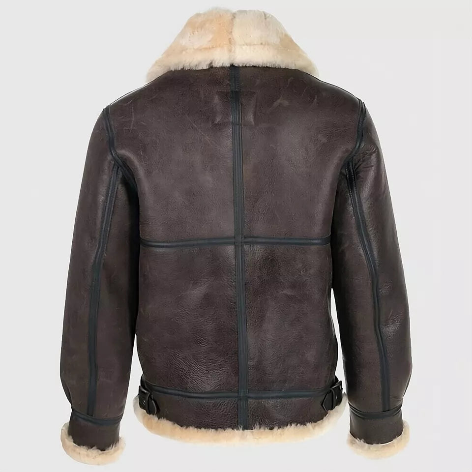 Lush Gear B3 bomber shearling jacket men in dark brown leather with cream shearling collar and cuffs